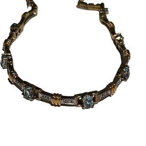 Vtg Art Deco Vermeil Silver & Gold Blue Topaz Stones Women’s Designer Bracelet